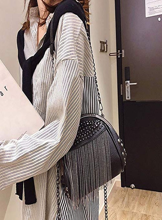 Minache Women Mini Punk Style Rivet Fringe Hobo Crossbody Shoulder Bag Tassel Evening Handbag Clutch Purse - Image 3