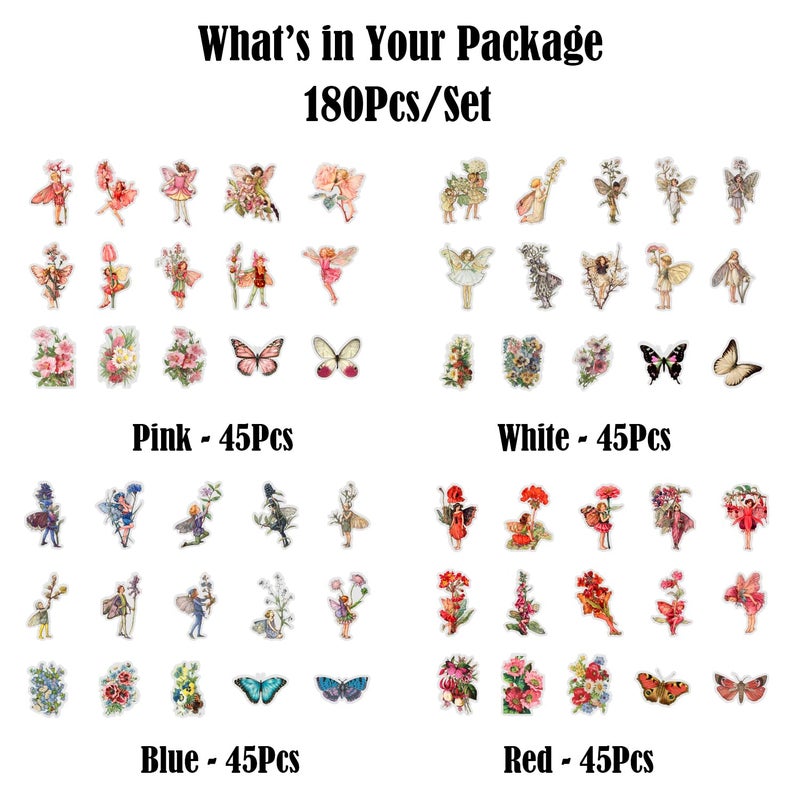 SIBLYMONA Vintage Fairy Stickers 4 Boxes 180 Pcs Transparent Floral Butterfly Journal Scrapbooking Supplies for Junk Journaling Cottagecore Rub On Transfers Crafts (NO.2) - Image 2