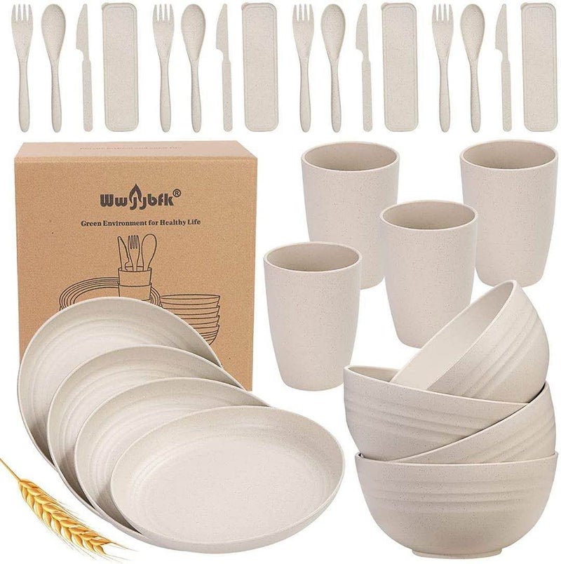 ZEPOLI ZEPOLI Wheat Straw Dinnerware Set Unbreakable Dinnerware Sets Dishwasher Microwave Safe Dinnerware Eco Friendly Non Breakable 4 Plates4 Bowls4 Cups16 Cutlery 28 Pcs Beige - Image 1