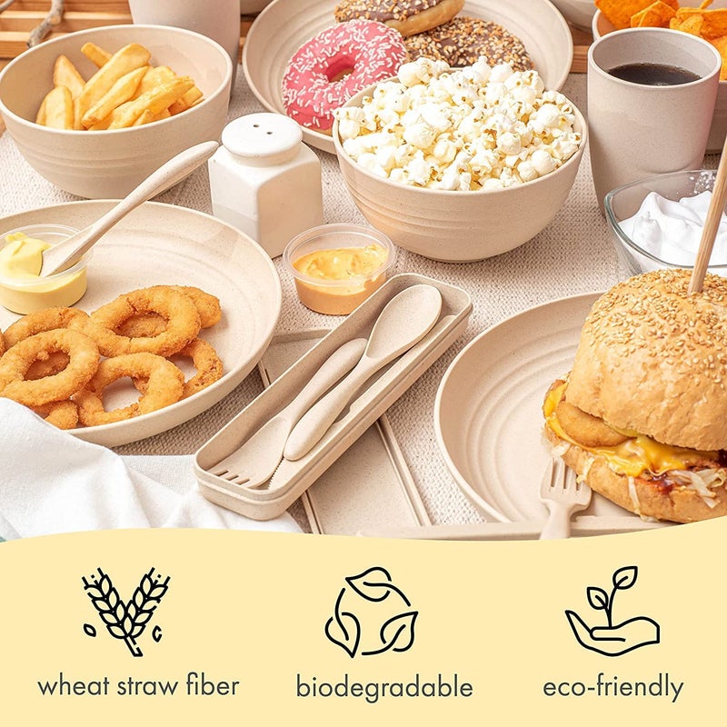 ZEPOLI ZEPOLI Wheat Straw Dinnerware Set Unbreakable Dinnerware Sets Dishwasher Microwave Safe Dinnerware Eco Friendly Non Breakable 4 Plates4 Bowls4 Cups16 Cutlery 28 Pcs Beige - Image 3