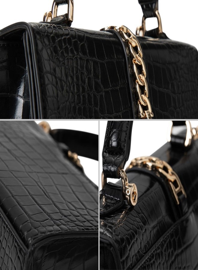 Beatfull Top Handle Purses for Women Crossbody Stylish Crocodile Leather Satchel Bag Chain Square Shoulder Handbag Black - Image 4