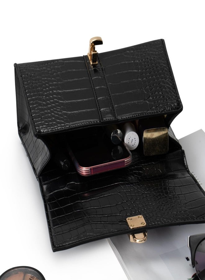 Beatfull Top Handle Purses for Women Crossbody Stylish Crocodile Leather Satchel Bag Chain Square Shoulder Handbag Black - Image 5