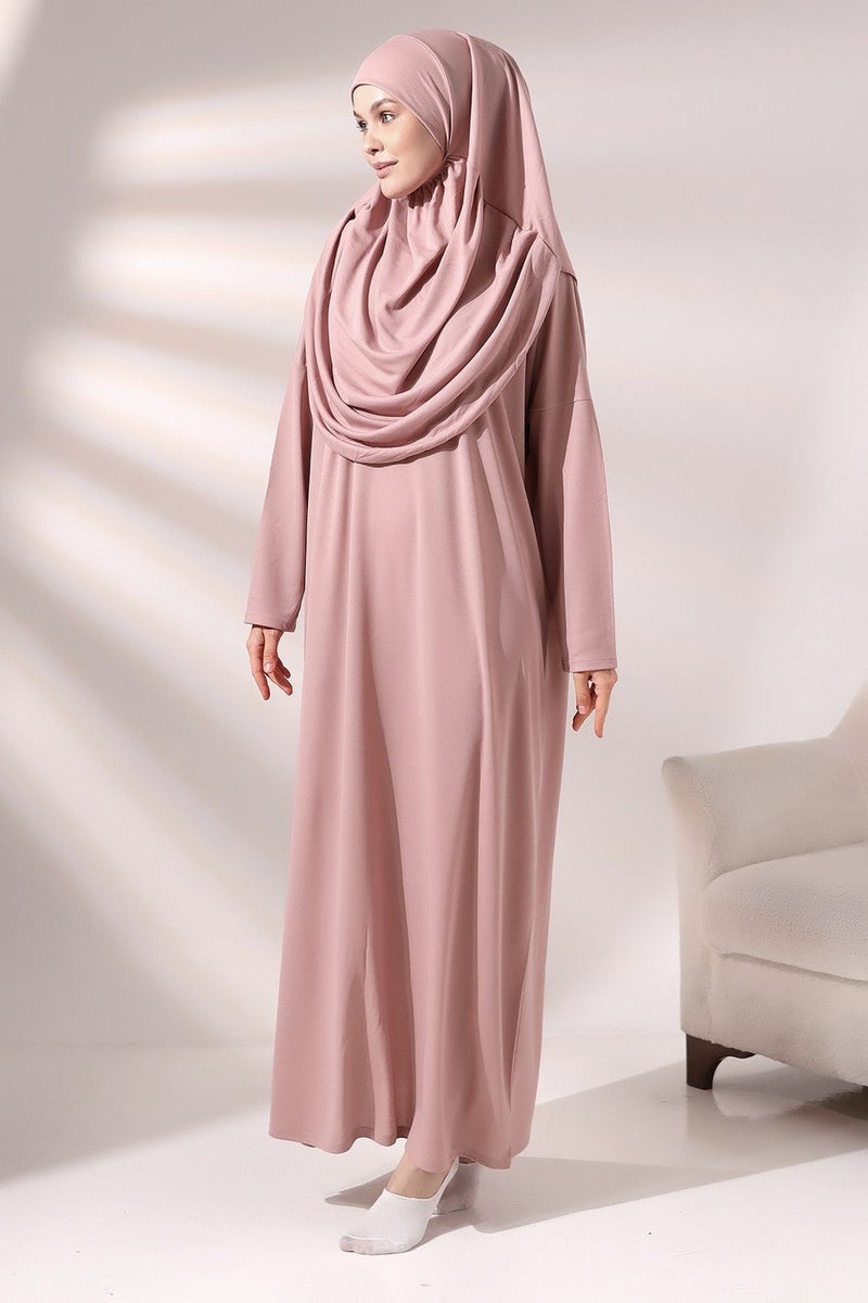 Ihvan Dusty Rose Women's Practical Headscarf One-Piece Prayer Dress with Bag - Image 2