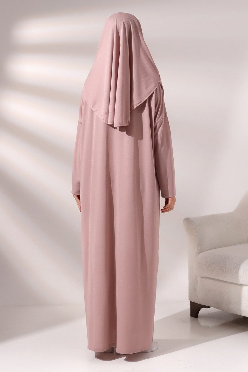 Ihvan Dusty Rose Women's Practical Headscarf One-Piece Prayer Dress with Bag - Image 5