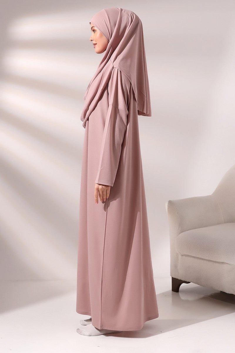 Ihvan Dusty Rose Women's Practical Headscarf One-Piece Prayer Dress with Bag - Image 4