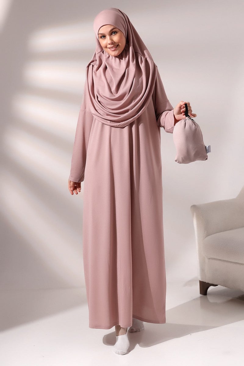 Ihvan Dusty Rose Women's Practical Headscarf One-Piece Prayer Dress with Bag - Image 1