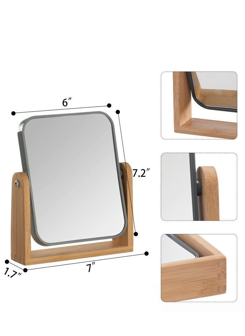 مرآة مكياج مكبرة 3X من الجهتين مع حوامل من الخيزران، مرآة صغيرة لطاولة المكتب مع دوران 360°، مرآة تجميل محمولة قائمة، جيدة للاستحمام، الحلاقة والسفر - رمادي - Image 4