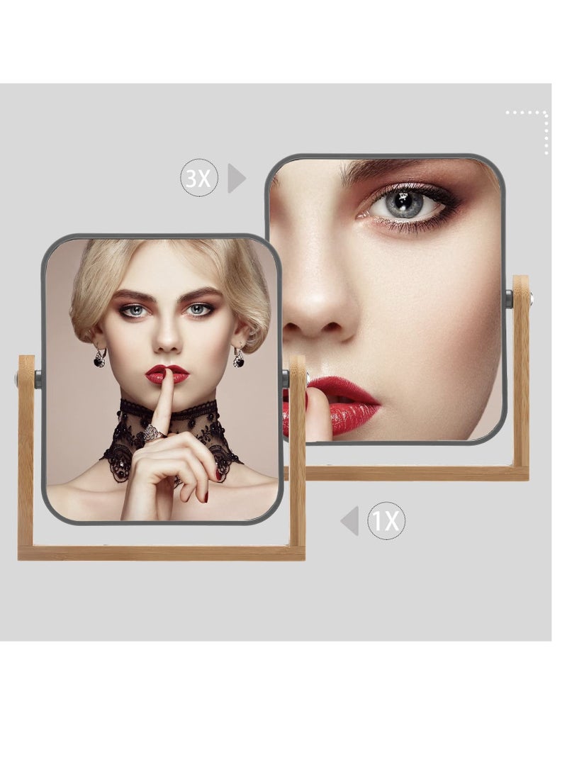 مرآة مكياج مكبرة 3X من الجهتين مع حوامل من الخيزران، مرآة صغيرة لطاولة المكتب مع دوران 360°، مرآة تجميل محمولة قائمة، جيدة للاستحمام، الحلاقة والسفر - رمادي - Image 3