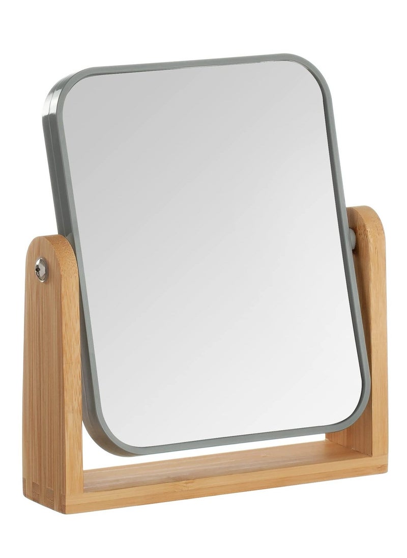 مرآة مكياج مكبرة 3X من الجهتين مع حوامل من الخيزران، مرآة صغيرة لطاولة المكتب مع دوران 360°، مرآة تجميل محمولة قائمة، جيدة للاستحمام، الحلاقة والسفر - رمادي - Image 1