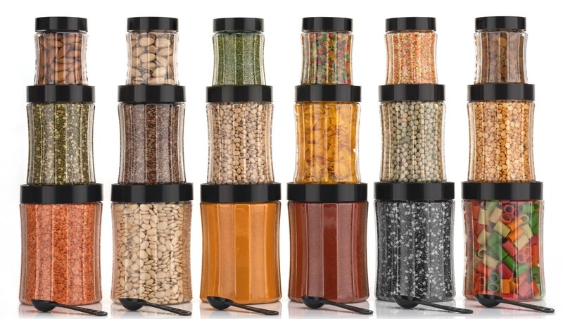 Entisia Transparent Kitchen Storage Container - Curved Shape Plastic Food Storage Dabba Jars with Lid, Spoon, 1200ml, 650ml, 350ml & 250ml Containers for Pulses, Snacks, Spices (Black, 16pc) - Image 2