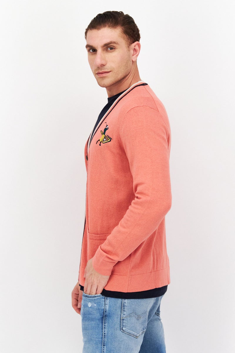 Lyle & Scott Men V-Neck Embroidered Knitted Cardigan, Pink - Image 2