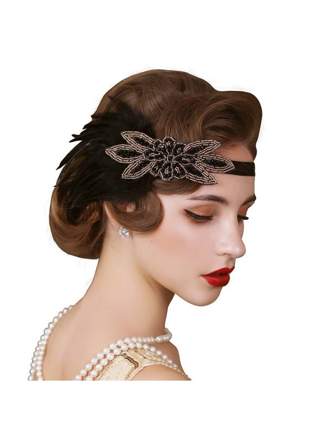SWEETV 1920S Flapper Feather Headband 20S Sequined Showgirl Headpiece Gatsby Hair Accessories For Women (Black)  - Image 1