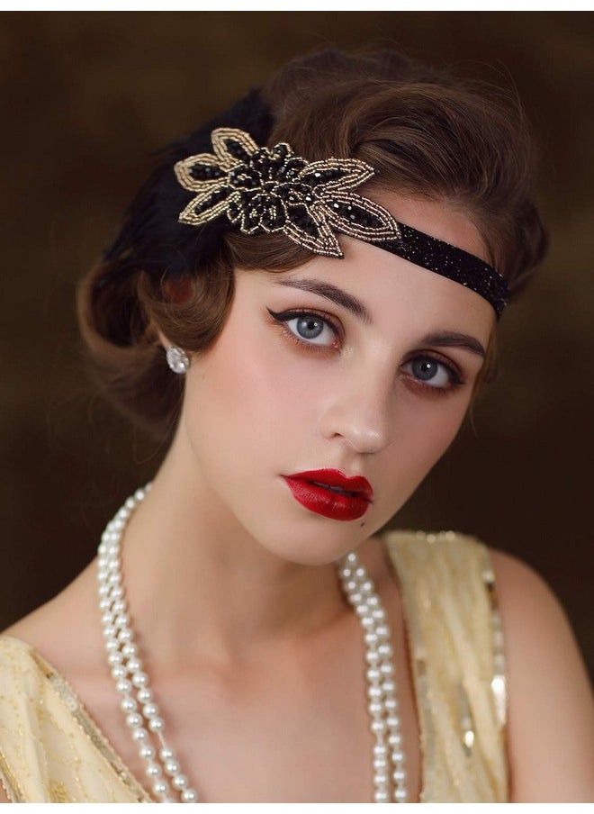 SWEETV 1920S Flapper Feather Headband 20S Sequined Showgirl Headpiece Gatsby Hair Accessories For Women (Black)  - Image 3