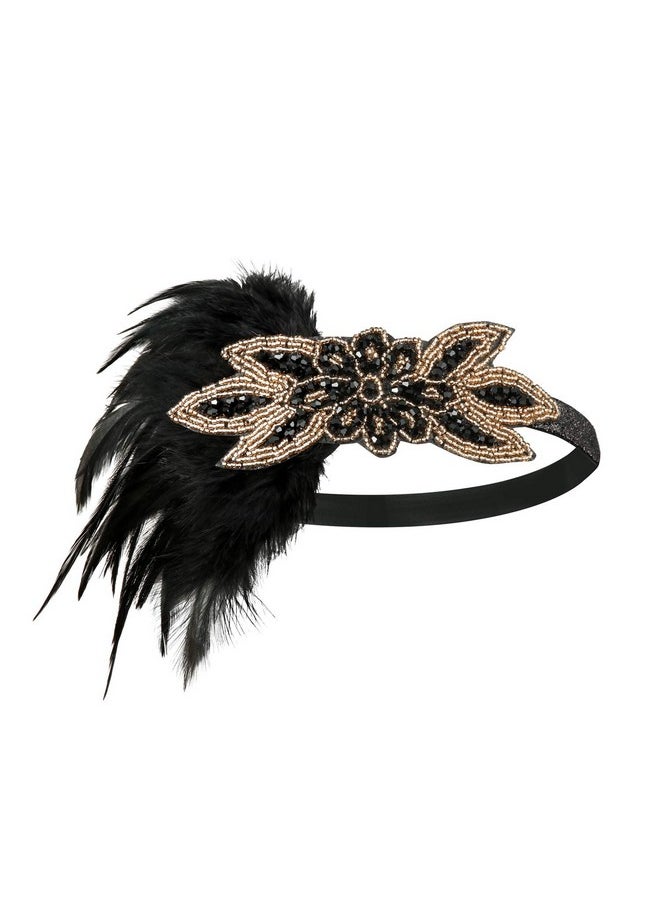 SWEETV 1920S Flapper Feather Headband 20S Sequined Showgirl Headpiece Gatsby Hair Accessories For Women (Black)  - Image 2