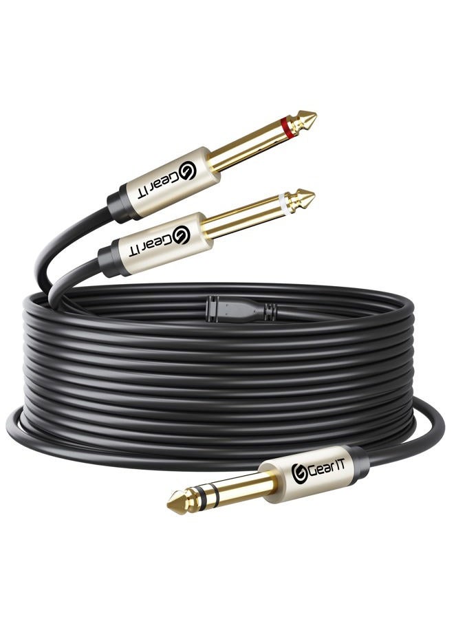 GearIT 1/4 inch TRS Stereo to Dual 1/4 inch Y-Splitter Insert Cable (15ft) 1/4 Inch Male Jack to Dual 1/4inch(6.35mm) Male TS Mono Breakout Cable Audio Patch Quarter Inch Cord - 15 feet  - Image 1