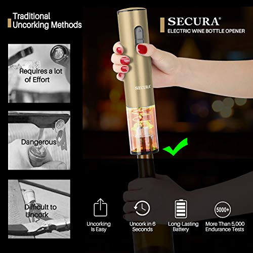 Secura Electric Wine Opener, Automatic Bottle Corkscrew Opener with Foil Cutter, Rechargeable (Champagne Gold) - Image 2
