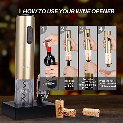 Secura Electric Wine Opener, Automatic Bottle Corkscrew Opener with Foil Cutter, Rechargeable (Champagne Gold) - Image 3