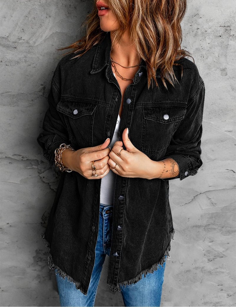 Vetinee Women's Concert Outfits for Women Oversized Boyfriend True Black Front Button Up Frayed Raw Hem Long Sleeve Pockets Denim Jean Jacket Shacket X-Large Size 16 Size 18 - Image 3