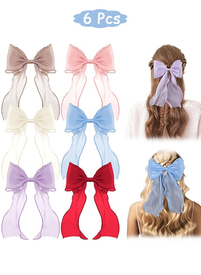 MXN 6 Pcs Big Ribbon Bow Hair Clip Elegant Ribbon Hair Accessories for Women and Girls with Oversized Long Tail Bow Hair Clip Hair Accessory, French Barrette Bow Hair Fastener for Daily Wear, Parties and Gifts - Image 1