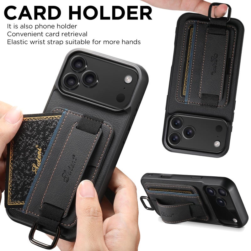 Suteni For Iphone Air H13 Litchi Leather Wrist Strap Wallet Back Phone Case(Black) - Image 3