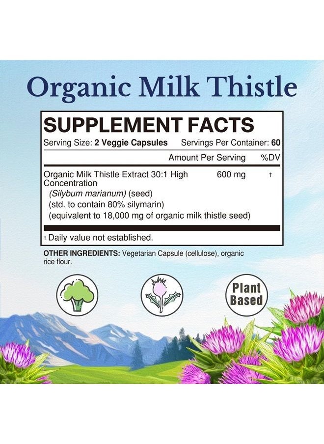 Vitalitown - Organic Milk Thistle 600 mg Seed Extract, 30:1 High Concentration, Equivalent to 18,000 mg Silymarin Marianum, Liver Support, Detox & Cleanse, 120 Vegan Caps - Image 1