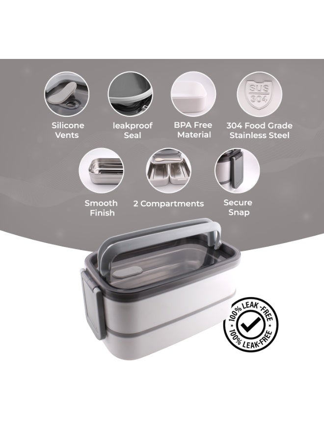 CRAVISTA Stainless Steel Bento Lunch Box for Office – 2 Tier Insulated Lunch Box (1400ml) with Lunch Bag, Spoon & Fork | Leakproof, BPA-Free & Dishwasher Safe Tiffin for Adults & Kids - Image 3