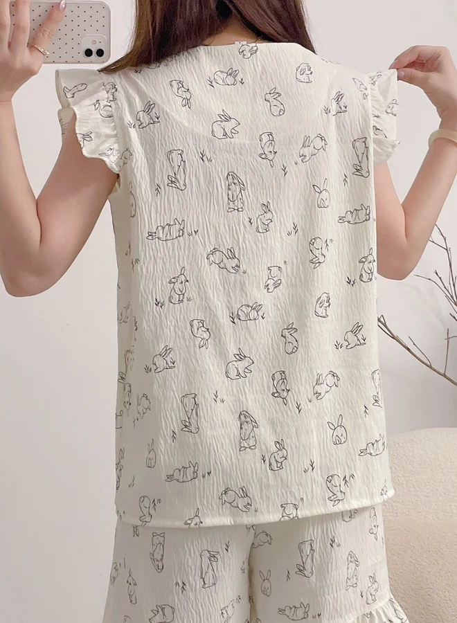 تايك تو مجموعة من شورت وبلوزة مكشكشة بطبعة أرنب مقاس كبير