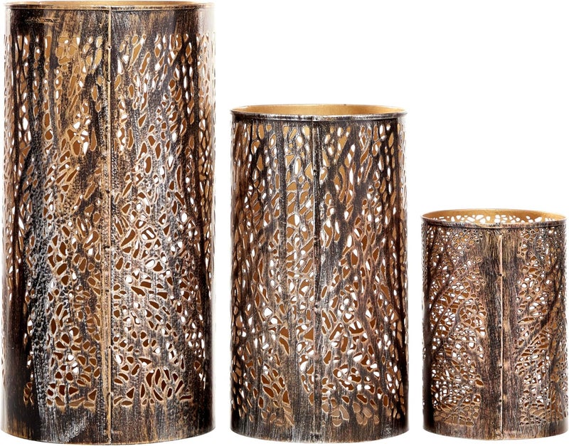 Deco 79 Metal Indoor Outdoor Candle Lantern Cutout Tree Branch Lantern Candle Holder with Gold Interior, Set of 3 Lantern 12", 9", 5"H, Bronze - Image 3