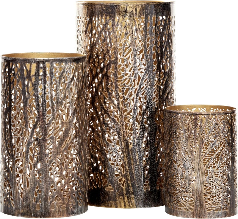 Deco 79 Metal Indoor Outdoor Candle Lantern Cutout Tree Branch Lantern Candle Holder with Gold Interior, Set of 3 Lantern 12", 9", 5"H, Bronze - Image 4