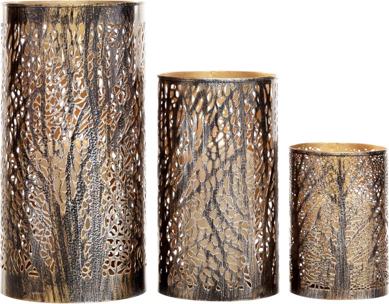 Deco 79 Metal Indoor Outdoor Candle Lantern Cutout Tree Branch Lantern Candle Holder with Gold Interior, Set of 3 Lantern 12", 9", 5"H, Bronze - Image 1