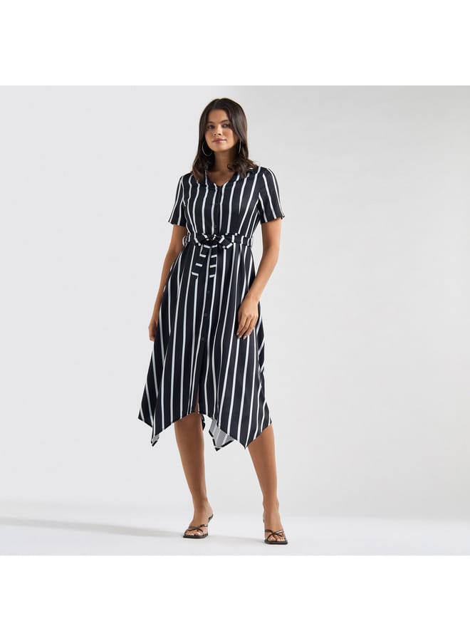 Splash FAV Striped Asymmetric Hem Collared Midi Dress with Belt and Short Sleeves  - Image 1