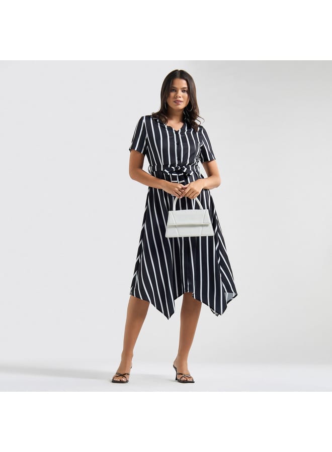 Splash FAV Striped Asymmetric Hem Collared Midi Dress with Belt and Short Sleeves  - Image 2