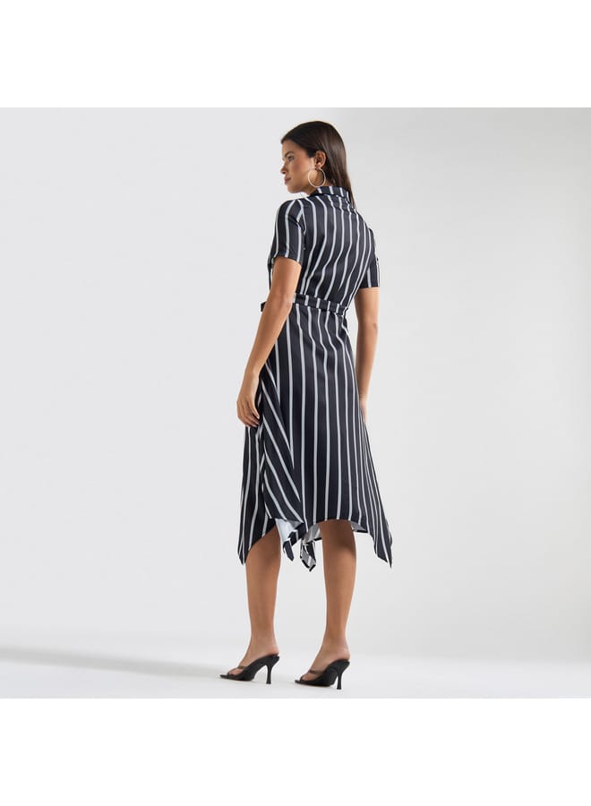 Splash FAV Striped Asymmetric Hem Collared Midi Dress with Belt and Short Sleeves  - Image 3