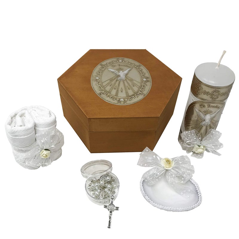 ArcÃ¡ngeles Mexicanos Arcangeles Mexicanos Catholic Baptism Candle Set in a Wooden Box with Towel Candle Rosary and Shell for Baby Boys and Girls Handmade in Mexico