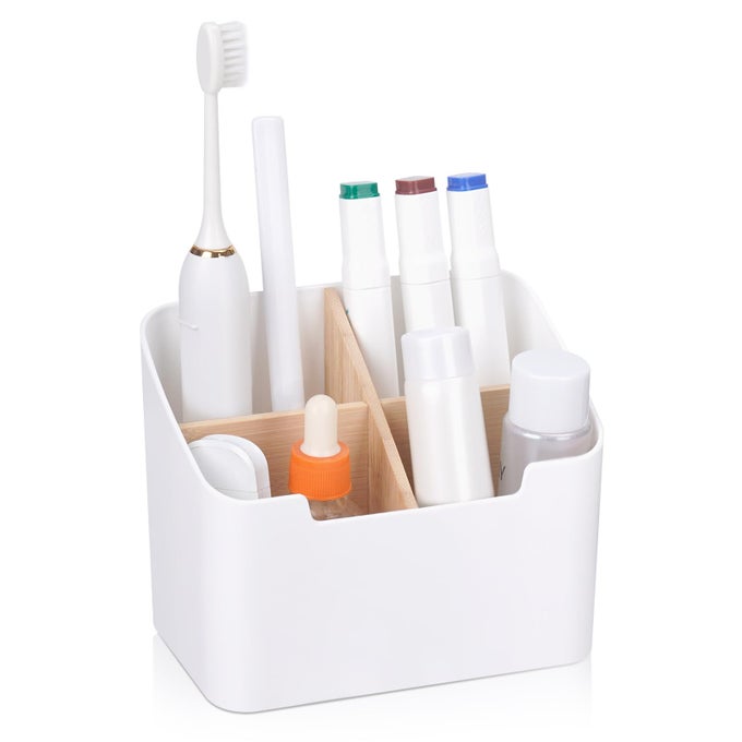 TOOTHBRUSH HOLDERS FOR BATHROOMSELECTRIC TOOTHBRUSH AND TOOTHPASTE HOLDER WITH DIVIDER FOR BATHROOM COUNTERTOP ORGANIZERTOOTHBRUSH CADDY FOR KIDS FAMILY COUNTER VANITY STORAGE WHITE