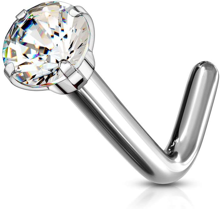 FifthCue Solid Titanium L Bend Nose Stud Ring with Prong Set CZ Gem - Image 1