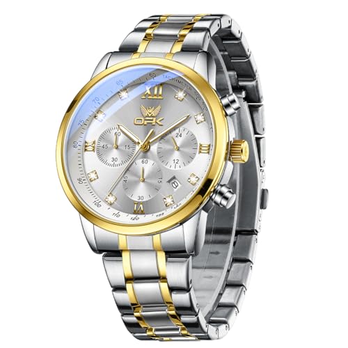 OPK Watch for Men Diamond Gold White Analog Watches Waterproof Stainless Steel Casual Business Wristwatch - Image 1
