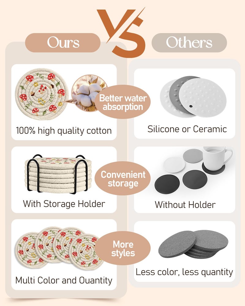 Kokaaee Drink Coasters Set of 6 - Cup Absorbent Coasters for Drinks Coffee Table Home Office Desk Decor Soft Woven Cotton Cloth Braided Fabric Drinking Cup Mat with Holder Cute Mushroom - Image 3