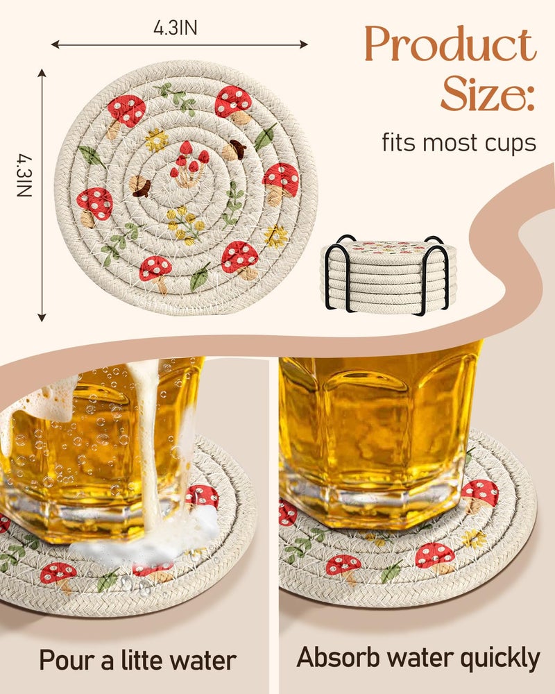 Kokaaee Drink Coasters Set of 6 - Cup Absorbent Coasters for Drinks Coffee Table Home Office Desk Decor Soft Woven Cotton Cloth Braided Fabric Drinking Cup Mat with Holder Cute Mushroom - Image 4