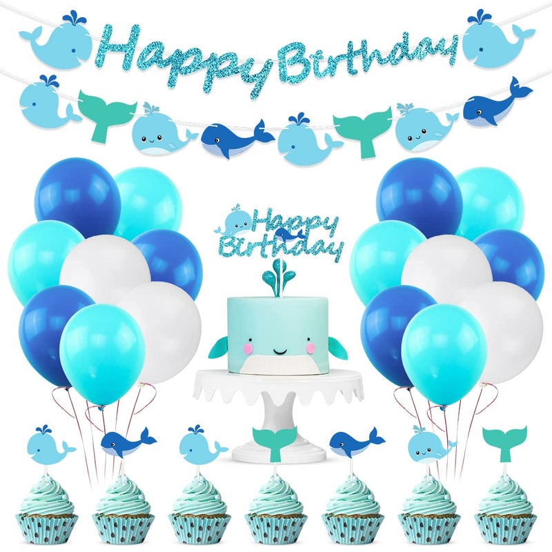 Hpscdyo Ocean Whale Birthday Party Supplies, Sea Green and Blue Whale Birthday Banner Cake Toppers Balloons Garland Decorations, Nautical Theme Sea Animals Whale Baby Shower Under The Sea Pool Party - Image 1