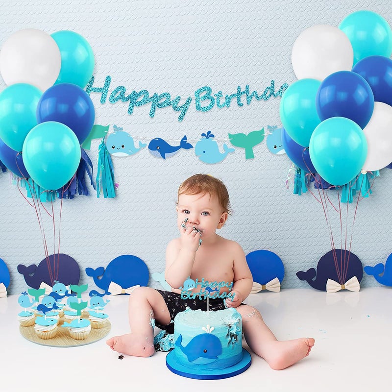 Hpscdyo Ocean Whale Birthday Party Supplies, Sea Green and Blue Whale Birthday Banner Cake Toppers Balloons Garland Decorations, Nautical Theme Sea Animals Whale Baby Shower Under The Sea Pool Party - Image 3