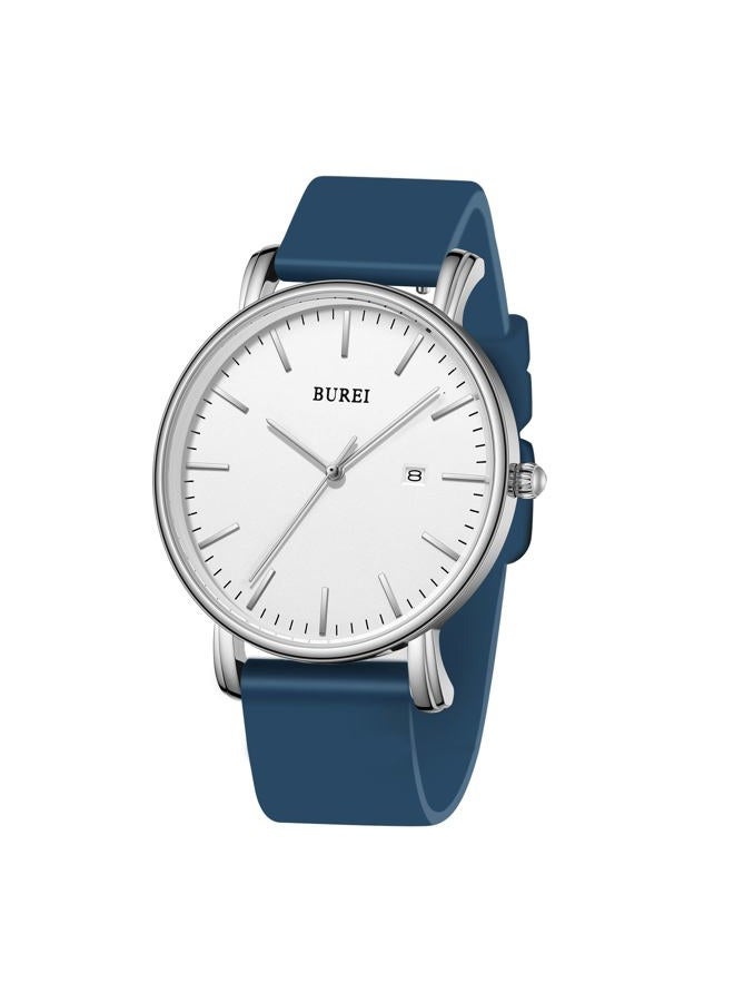 BUREI Men Wrist Watches Fashion Minimalist Analog Quartz Waterproof Watches for Men, White-Silver-Blue band - Image 2