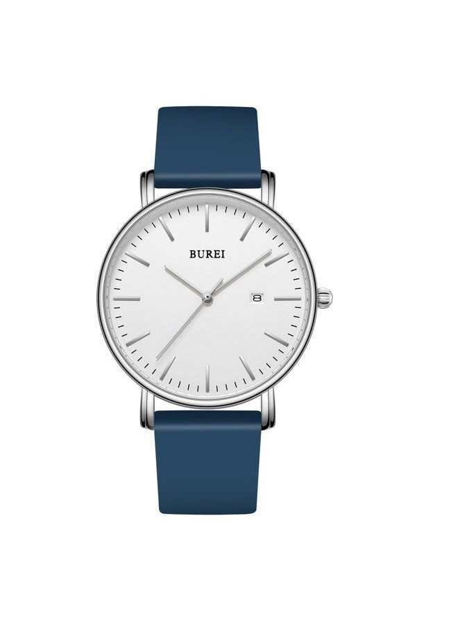 BUREI Men Wrist Watches Fashion Minimalist Analog Quartz Waterproof Watches for Men, White-Silver-Blue band - Image 1