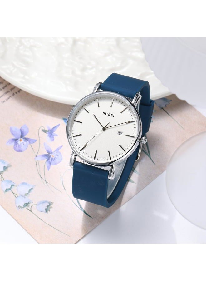 BUREI Men Wrist Watches Fashion Minimalist Analog Quartz Waterproof Watches for Men, White-Silver-Blue band - Image 4