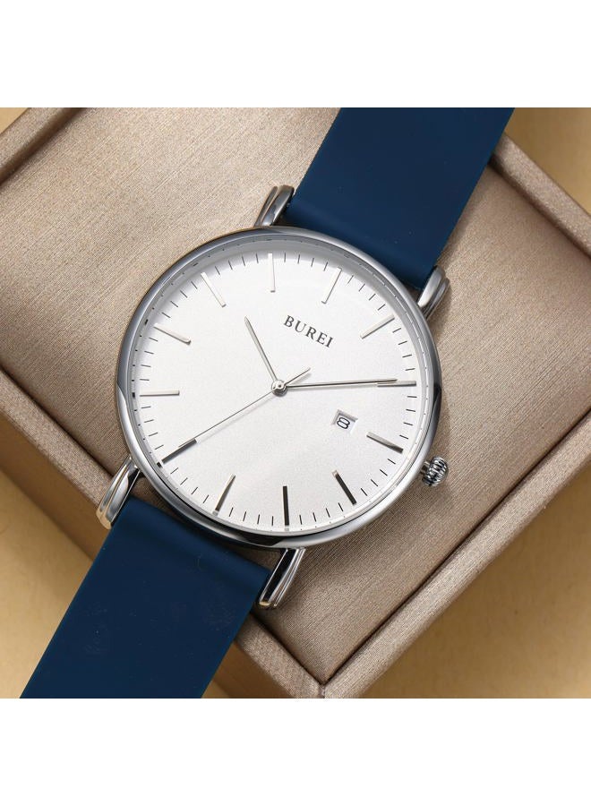 BUREI Men Wrist Watches Fashion Minimalist Analog Quartz Waterproof Watches for Men, White-Silver-Blue band - Image 5