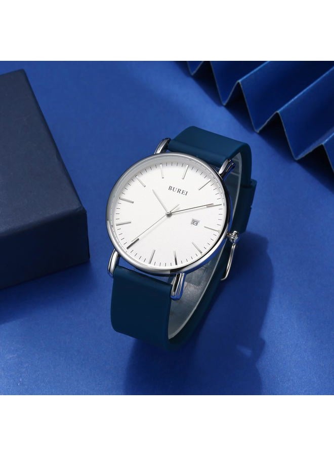 BUREI Men Wrist Watches Fashion Minimalist Analog Quartz Waterproof Watches for Men, White-Silver-Blue band - Image 3