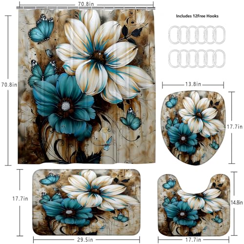 AZHM 4pcs White and Blue Artistic Painted Flowers Shower Curtain Set Floral and Butterfly Bathroom Sets with Rugs and Accessories - Image 4