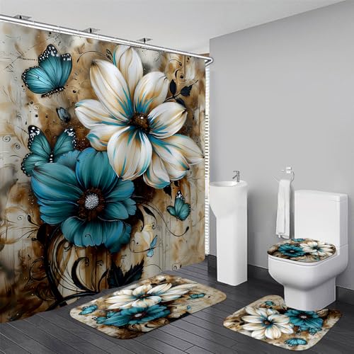 AZHM 4pcs White and Blue Artistic Painted Flowers Shower Curtain Set Floral and Butterfly Bathroom Sets with Rugs and Accessories - Image 1