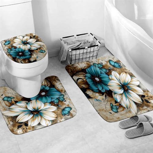 AZHM 4pcs White and Blue Artistic Painted Flowers Shower Curtain Set Floral and Butterfly Bathroom Sets with Rugs and Accessories - Image 3
