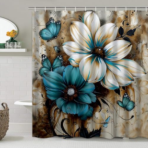 AZHM 4pcs White and Blue Artistic Painted Flowers Shower Curtain Set Floral and Butterfly Bathroom Sets with Rugs and Accessories - Image 5